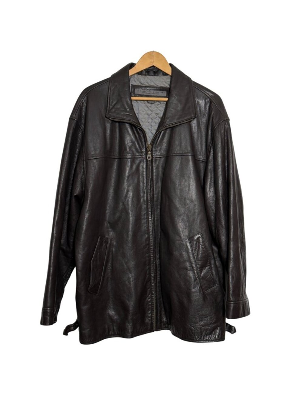 VTG Le Collezioni Structure Mens Large Brown Leather Jacket Pockets Zip Up Coat